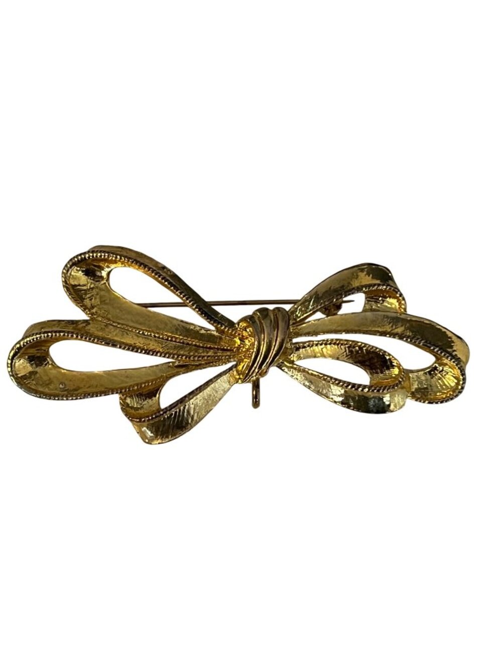 Vintage Gold Tone Bow Brooch Pin Textured Ribbon Design 3” Statement